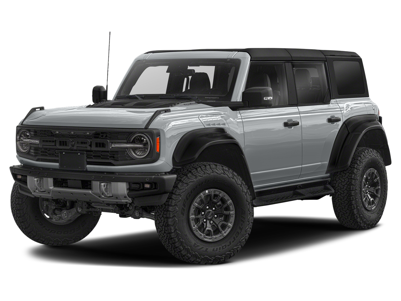 2023 Ford Bronco Raptor in Iconic Silver Metallic — front three-quarter view