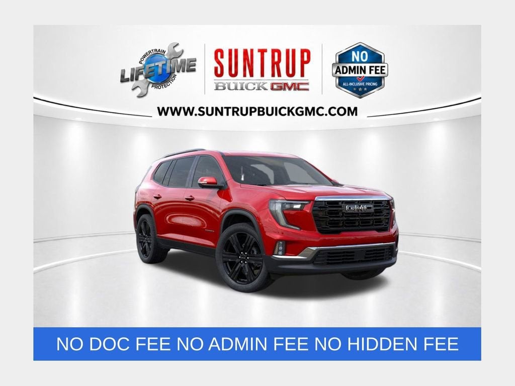 2026 GMC Acadia Elevation in Volcanic Red Tintcoat — front three-quarter view