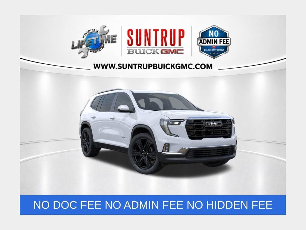 2026 GMC Acadia Elevation in Glacier White Tricoat — front three-quarter view