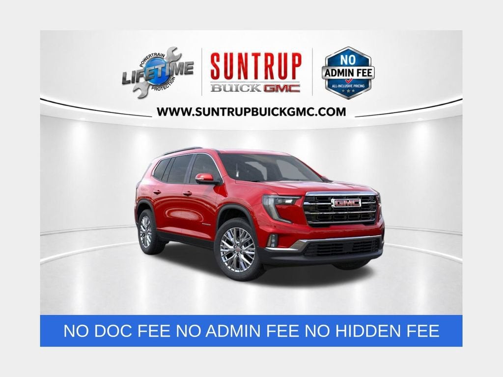 2026 GMC Acadia Elevation in Volcanic Red Tintcoat — front three-quarter view