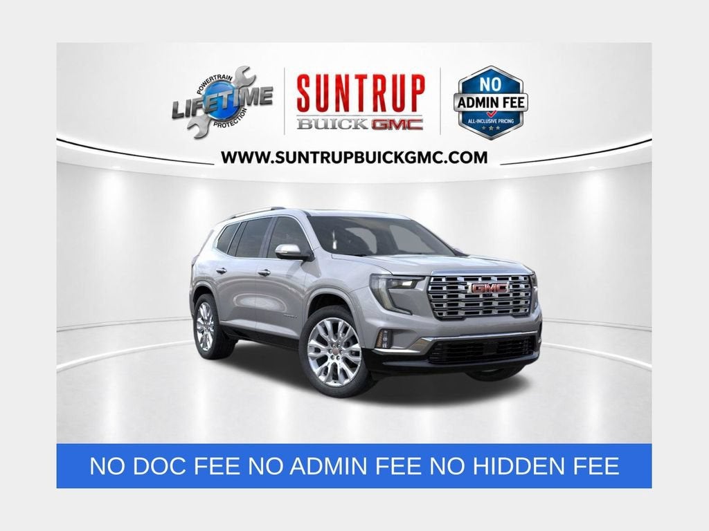2026 GMC Acadia Denali in Sterling Metallic — front three-quarter view