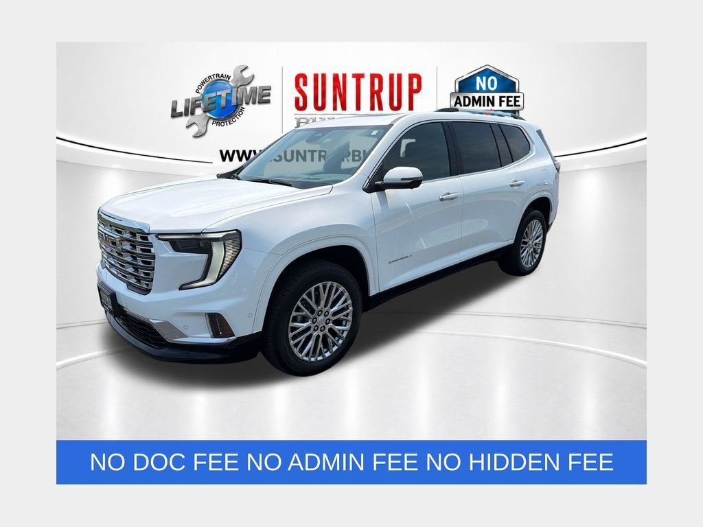 2026 GMC Acadia Denali in Summit White — front three-quarter view