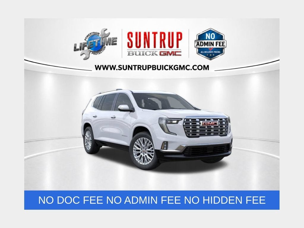 2026 GMC Acadia Denali in Summit White — front three-quarter view