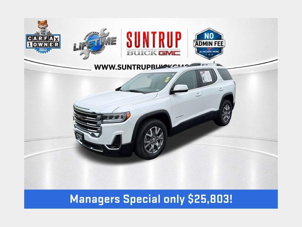 2022 GMC Acadia SLT in White Frost Tricoat — front three-quarter view