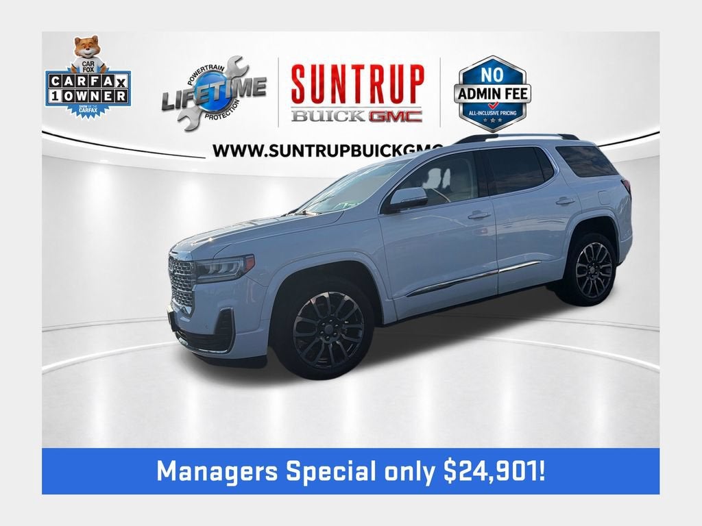 2020 GMC Acadia Denali in Summit White — front three-quarter view