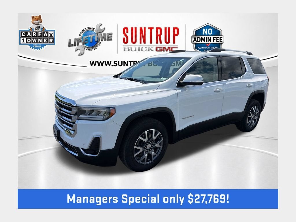 2023 GMC Acadia SLT in Summit White — front three-quarter view
