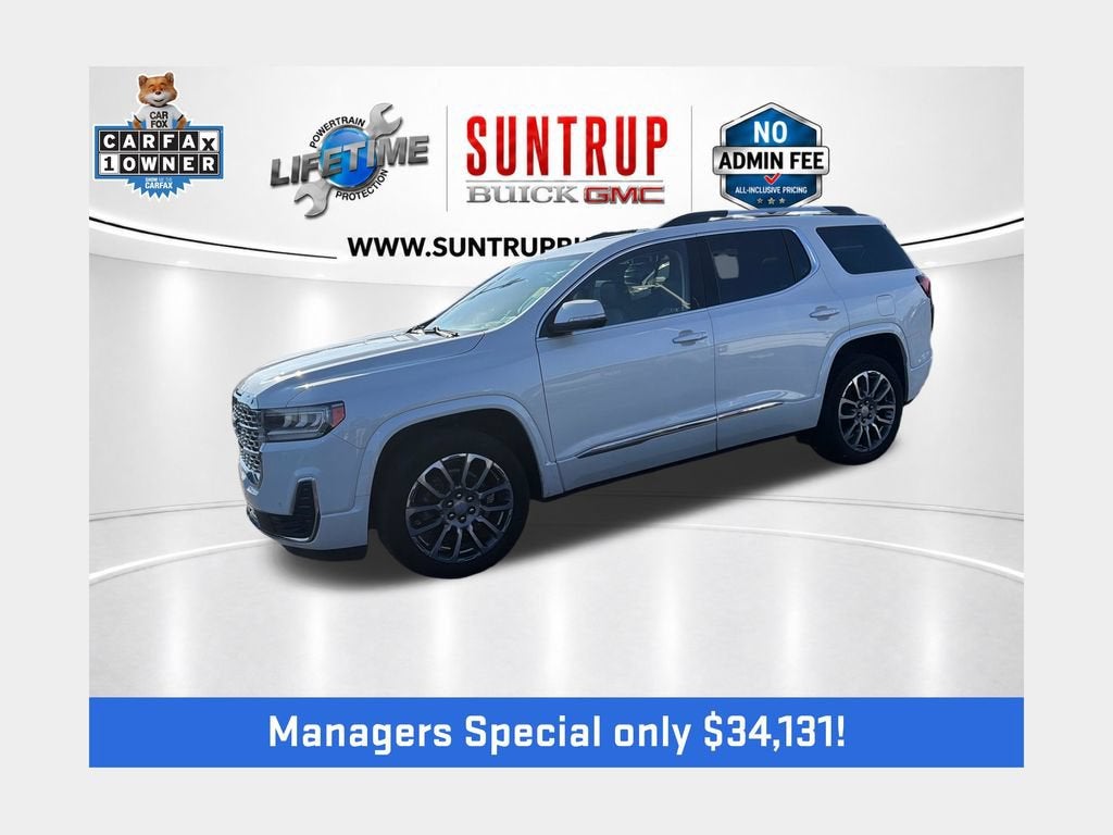 2023 GMC Acadia Denali in White Frost Tricoat — front three-quarter view