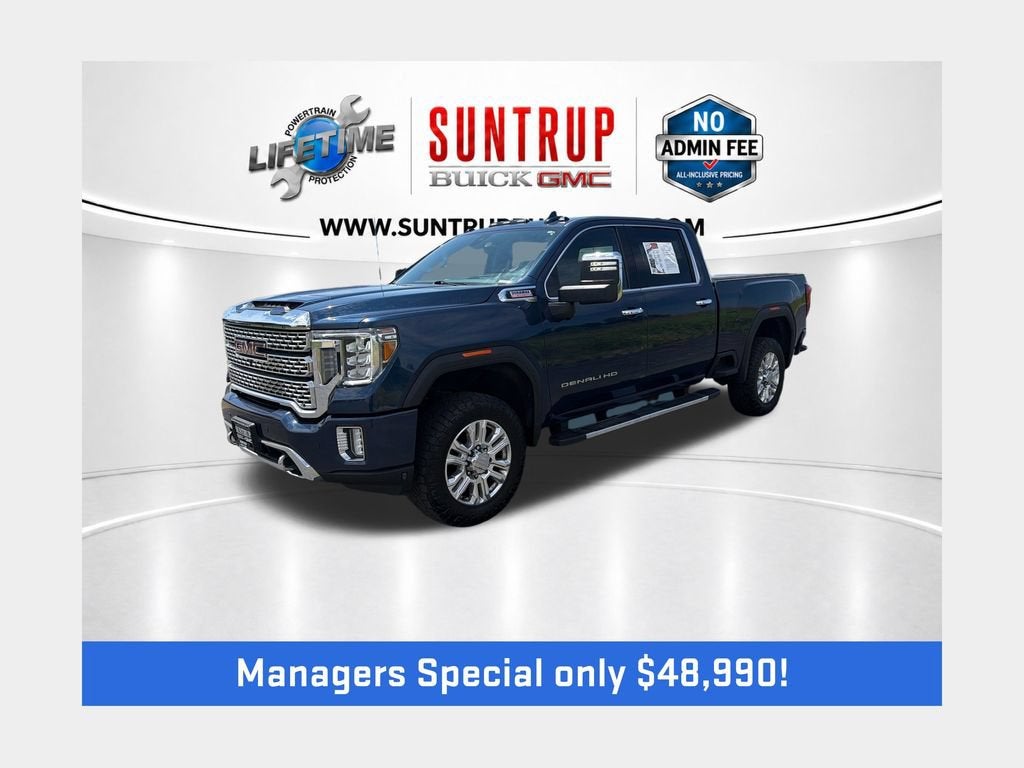 2021 GMC Sierra 2500 HD Denali in Pacific Blue Metallic — front three-quarter view