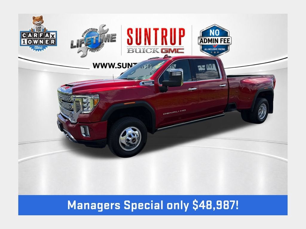 2022 GMC Sierra 3500 HD Denali DRW in Cayenne Red Tintcoat — front three-quarter view