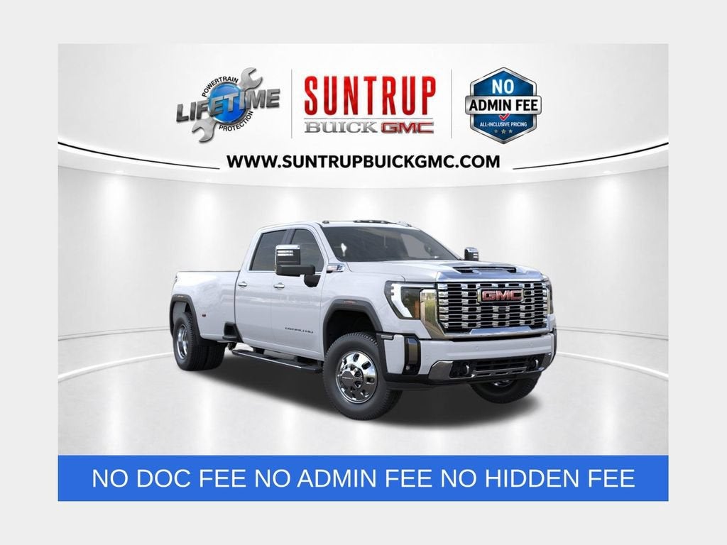 2026 GMC Sierra 3500 HD Denali DRW in Glacier White Tricoat — front three-quarter view