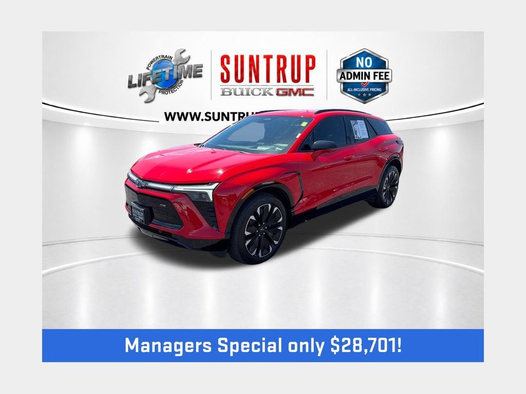 2024 Chevrolet Blazer EV RS in Red Hot — front three-quarter view