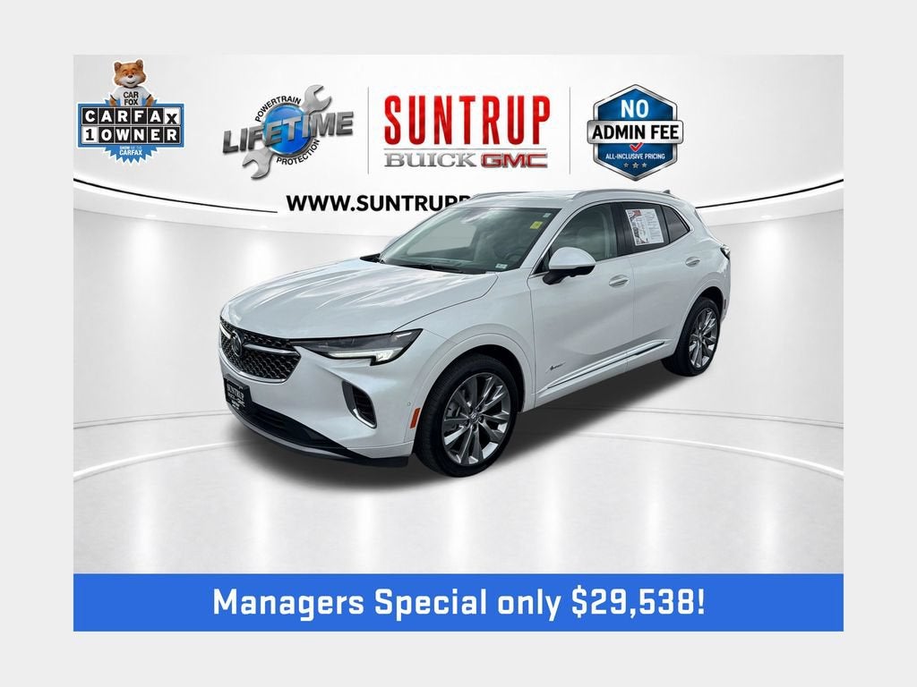2023 Buick Envision Avenir in White Frost Tricoat — front three-quarter view