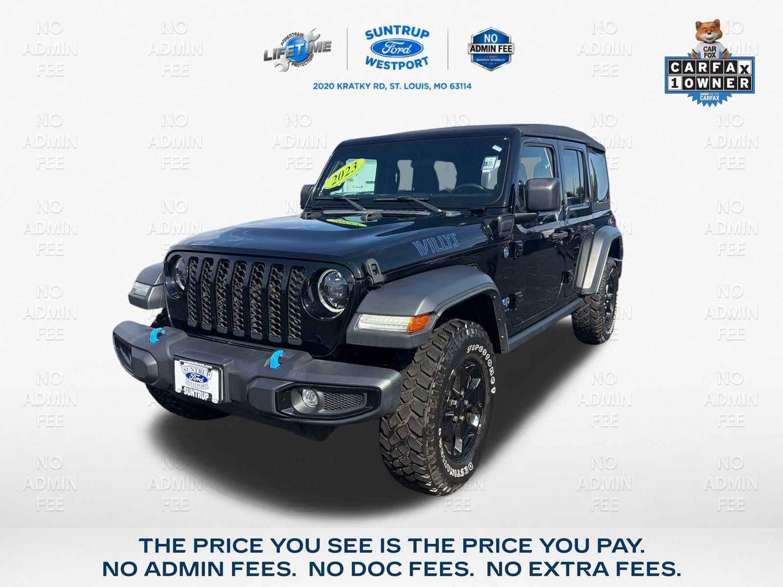 2023 Jeep Wrangler Willys 4xe in Black Clearcoat — front three-quarter view