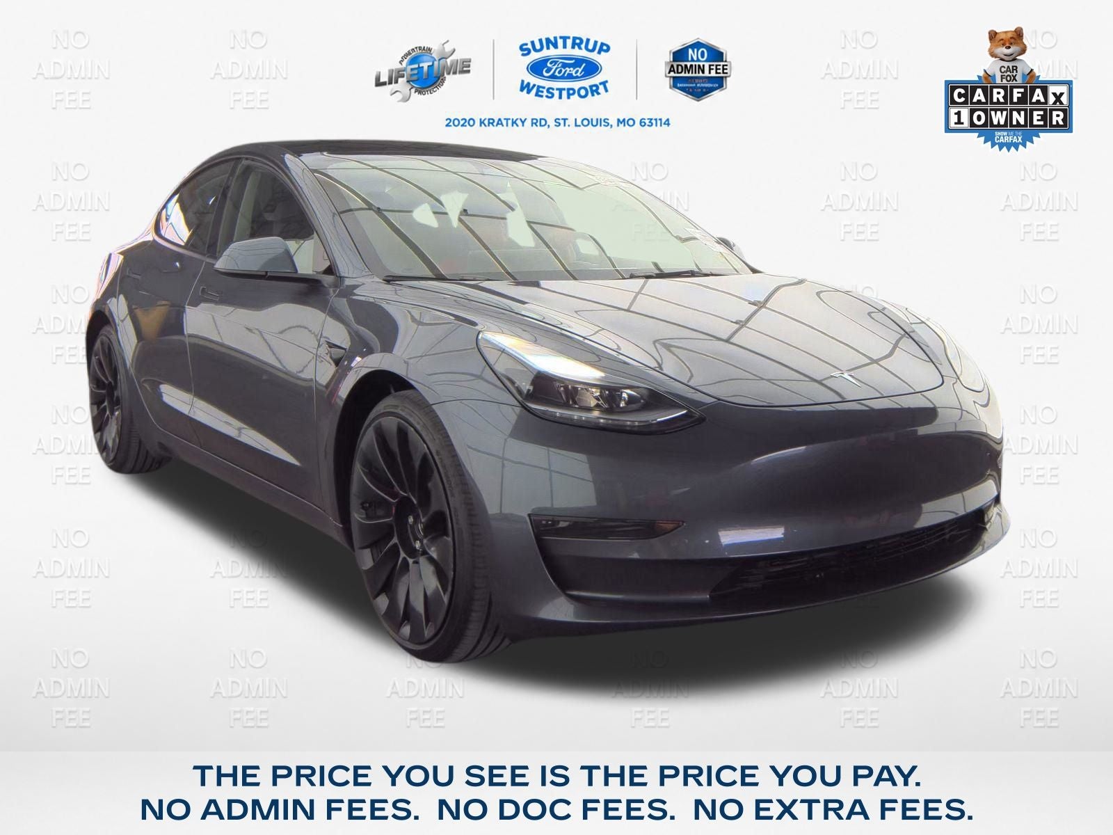 2023 Tesla Model 3 Performance in Gray — front three-quarter view